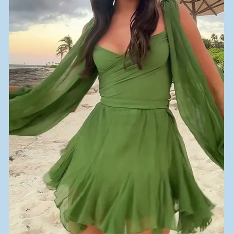 2025 Spring New Women's Clothing Style Women's V-neck Solid Color Sexy Elegant pleated Dress