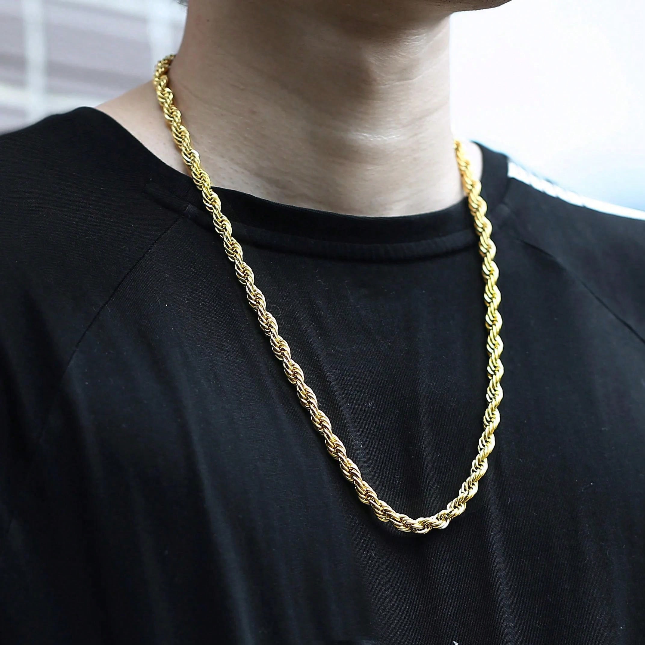 14K Gold Plated Stainless Steel Twisted Rope Chain Necklace for Men Unisex 3-7mm 16-30inch Link Jewelry Gifts