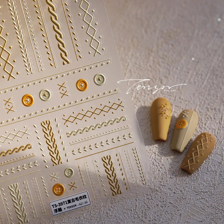 Woolen Grid Pattern Button Bowknot Nail Art Stickers Embossed n Adhesive Winter Decoration High Quality 251106