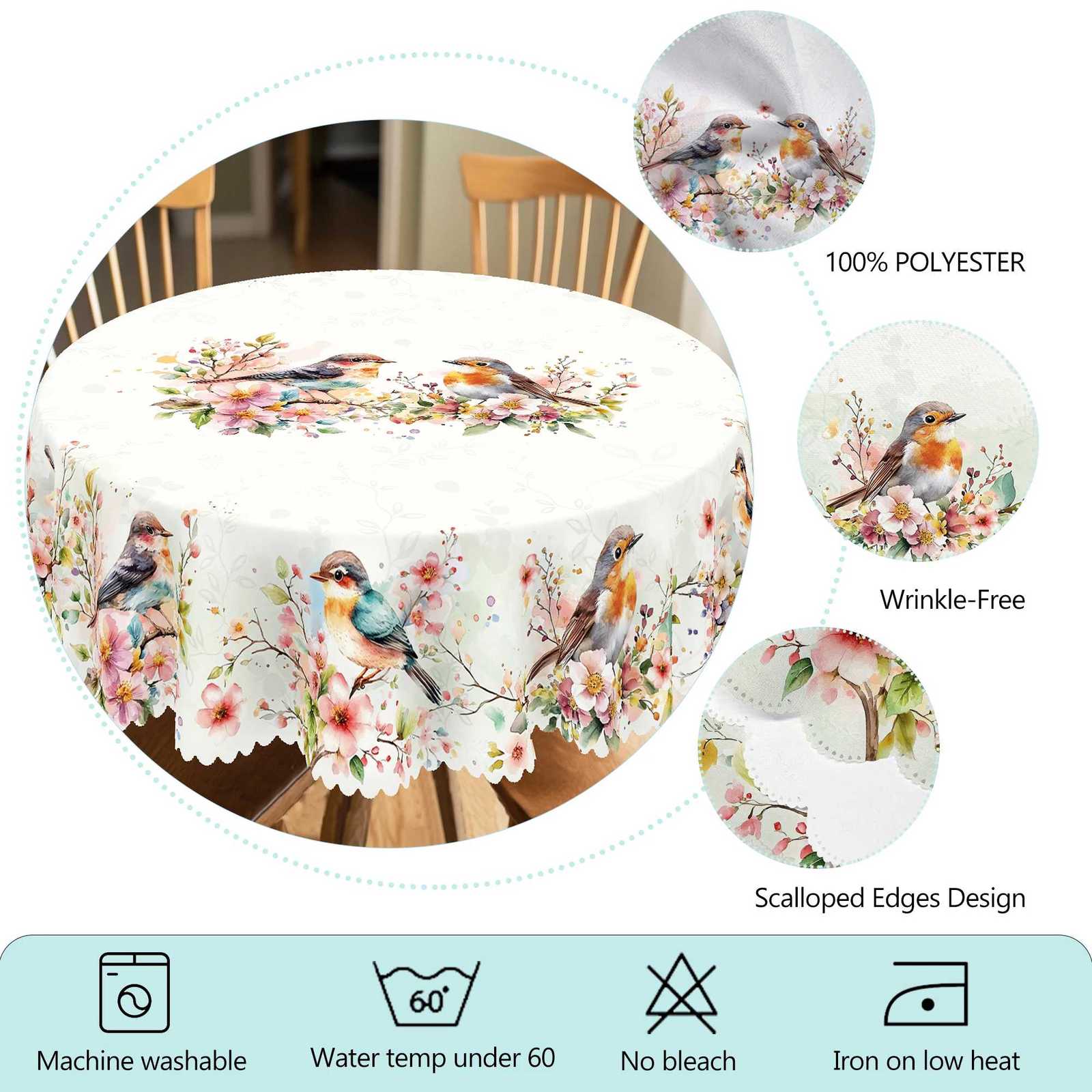 1 Piece of Spring Flower and Bird Round and Rectangular Tablecloths Various Sizes Available Spring Flower and Bird Pattern Printed Decorative Tableclo