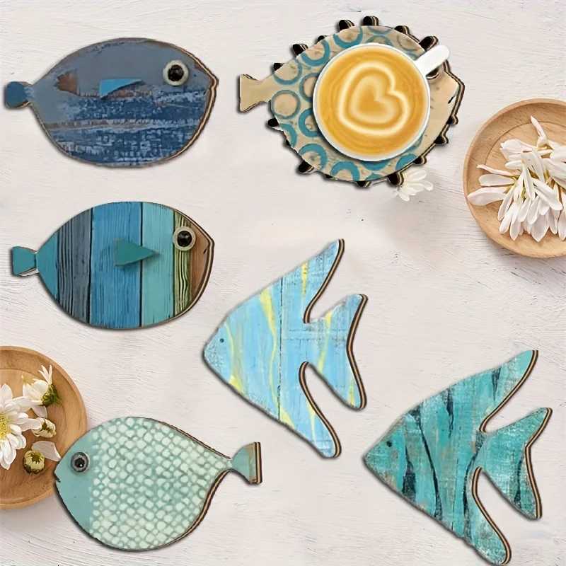 6pcs 2D Fish-Shaped Wooden Coasters Anti-skidding Heat-Resistant Beach-Themed Kitchen Decoration Maritime Style Coffee Shop Use C251122