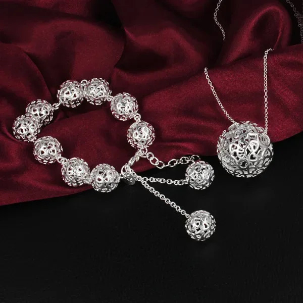 925 Sterling Silver Hollow Ball Pendant Bracelet necklace Jewelry set for women charm Fashion Party wedding Holiday gifts 251114