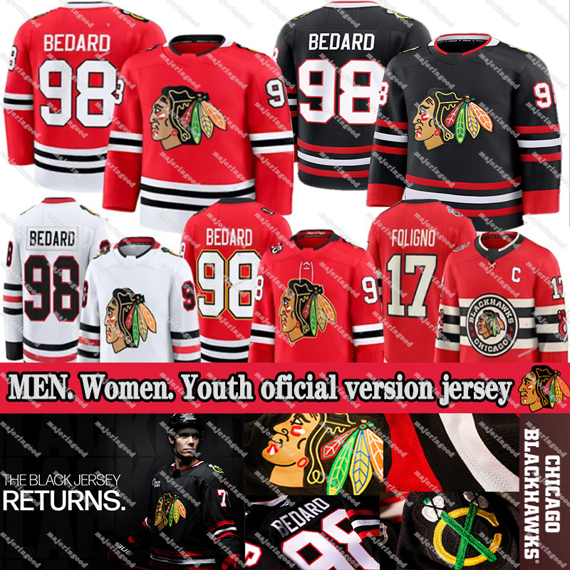 Blackhawkss 98 Bedard 2025 26 Black 100th hockey Jersey Alex Vlasic Teuvo Teravainen Louis Crevier Spencer Knight Nick Foligno Bertuzzi Maroon Athanasiou Custom