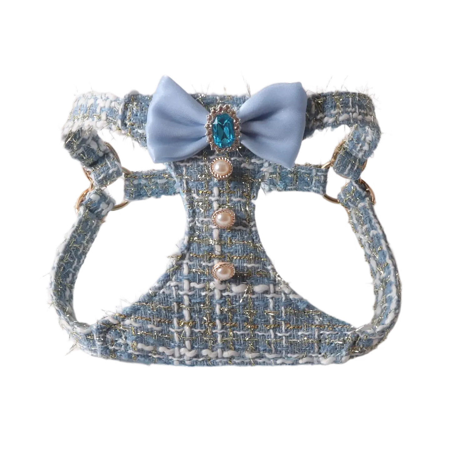 Luxury Tweed Bowknot Dog Harness and Leash Set, Pearl Button Dress Vest for Small Dogs Cats Pink Black Blue - view 4