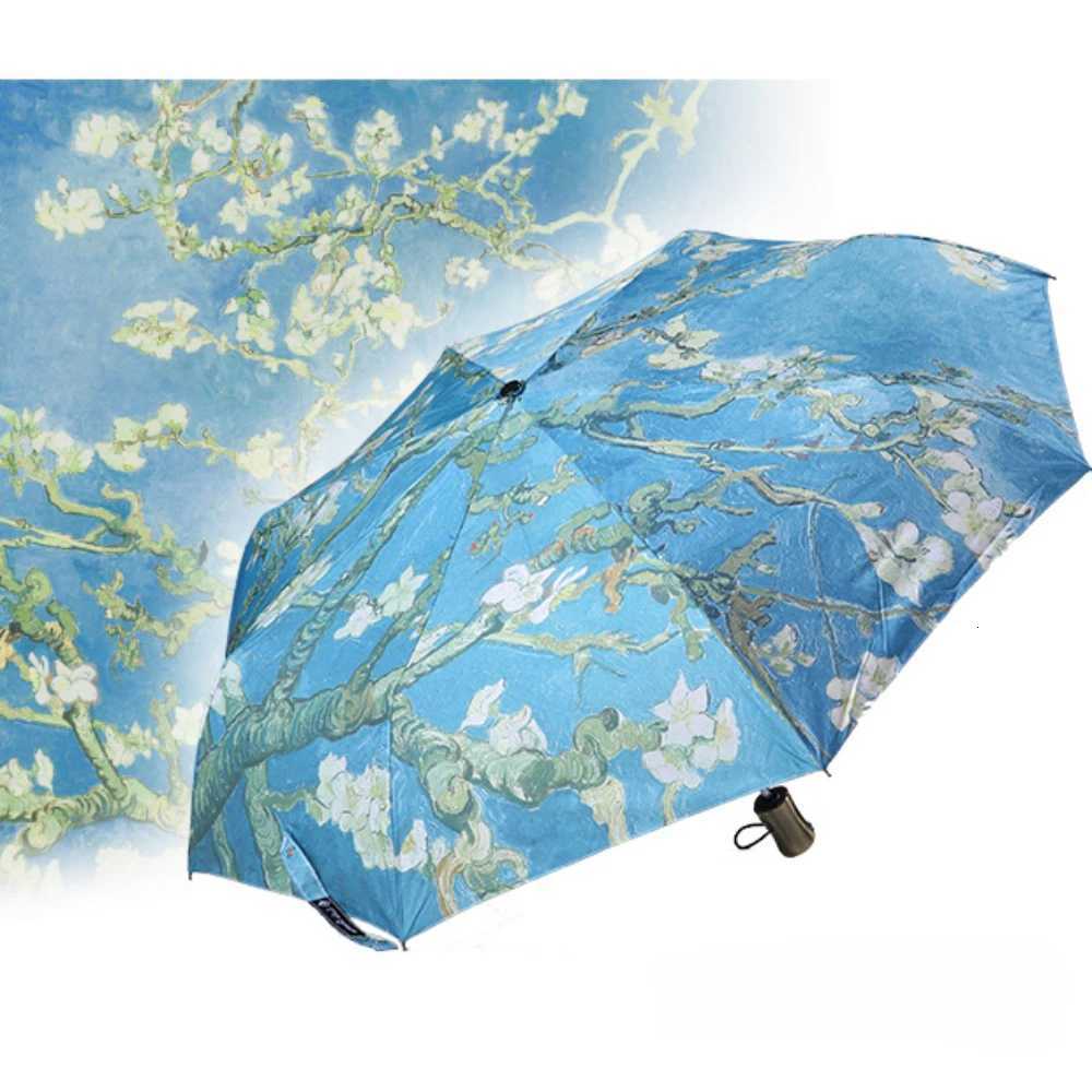 Small Fresh Umbrella Oil Painting Automatic Folding Umbrella Female Paraguas Van Gogh Oil Painting Umbrella Rain Quality ParasolM251122