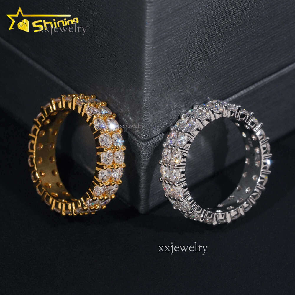 Fine Jewelry GRA Solid Sterg Sier Gold Plated Out Dia Moissanite Fully Iced Double Rows Wedding Band Ring