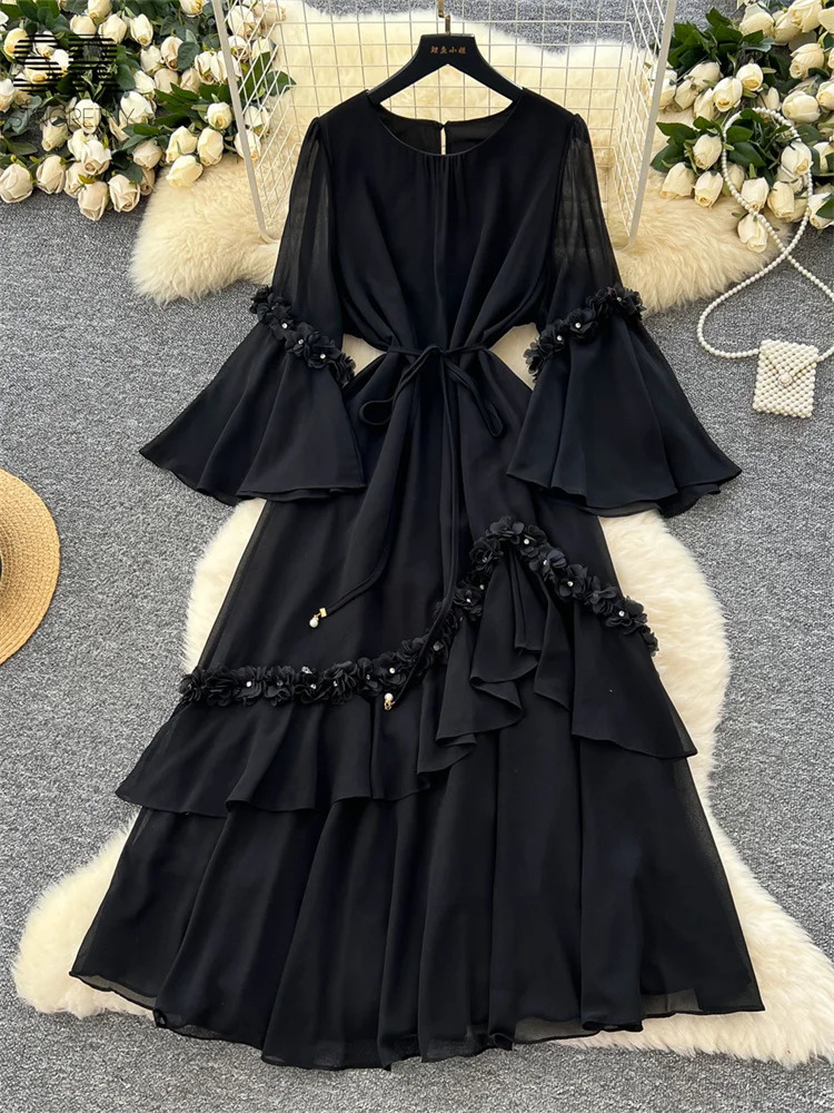 SINGREENY Elegant Beaded Party Long Dress with Sparkling Sleeves Lace Up n Button Solid High Quality 3D Flower Womens 250422