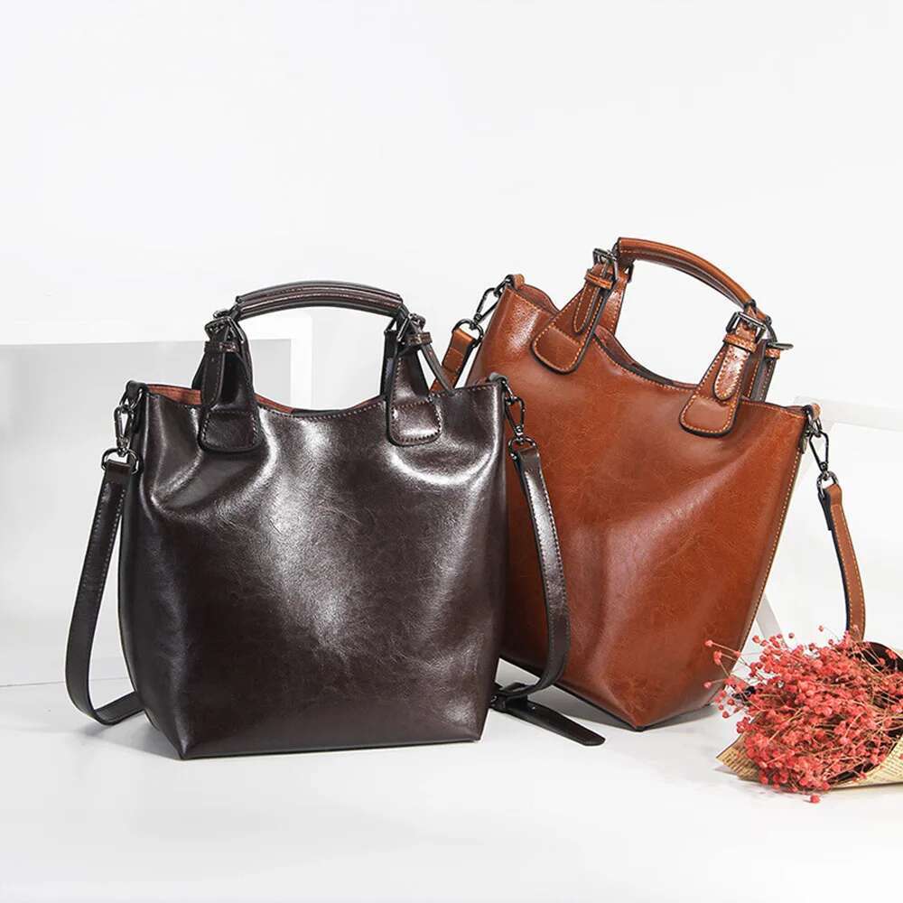 Zency Genuine Leather Handbag Retro Coffee Women Casual Tote Bucket Bag Classic Black Lady Crossbody Messenger Purse Brown Bag