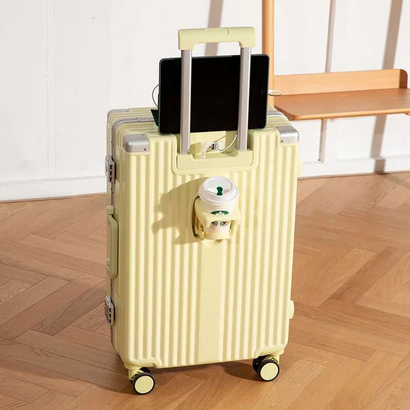 20 24 26 inch Aluminum Frame Suitcase Multifunctional ABS Carry on Lage with Cup Holder USB Port Zipper Trolley Case