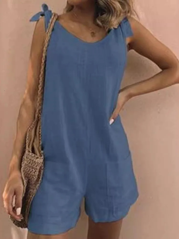 Summer Solid Cotton Linen Playsuits Casual Loose Women Jumpsuits Fashion Lace -up O Neck Sleeveless Pocket Romper Female 250421