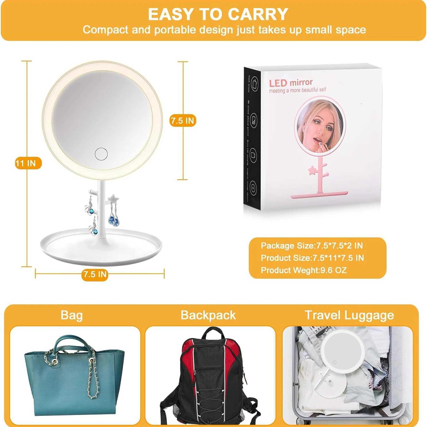 LED Makeup Mirror 3 Colors Dimmable Touch Rechargeable Stepless Dimming Vanity Mirror Detachable Travel Portable Makeup Supplies M251122