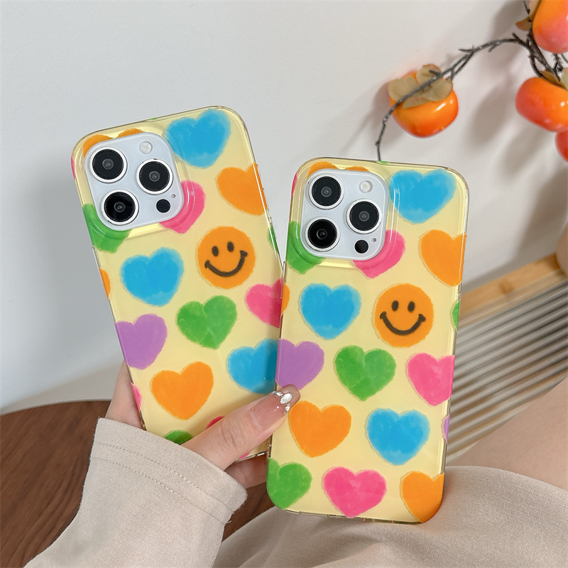 Ins Style Colorful Heart Smiley Face Compatible with iPhone 16/15 Pro Max Phone Case Handheld Chain