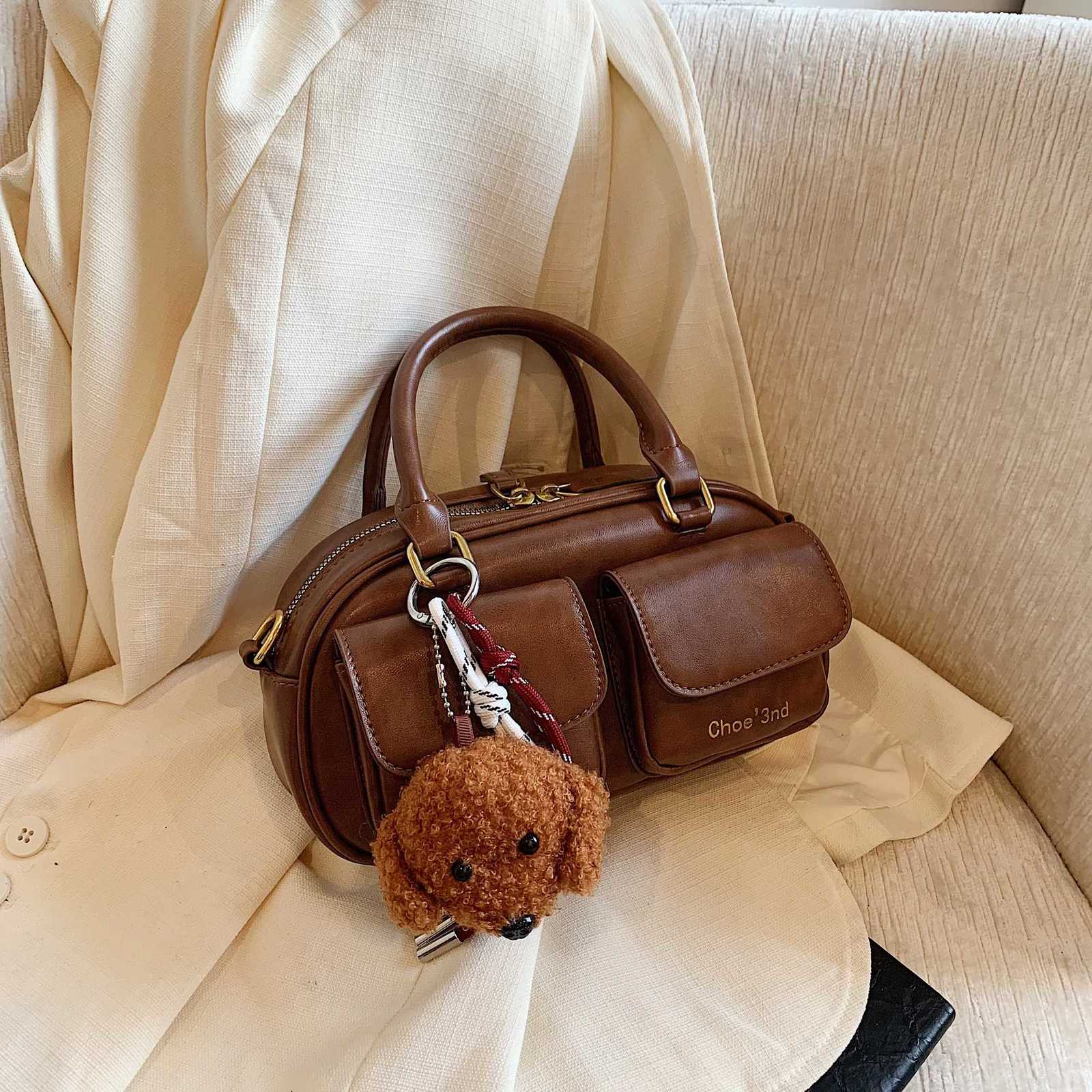 Retro-chic tote bag multi-pocket all-purpose Boston bag commuter shoulder bagT251122