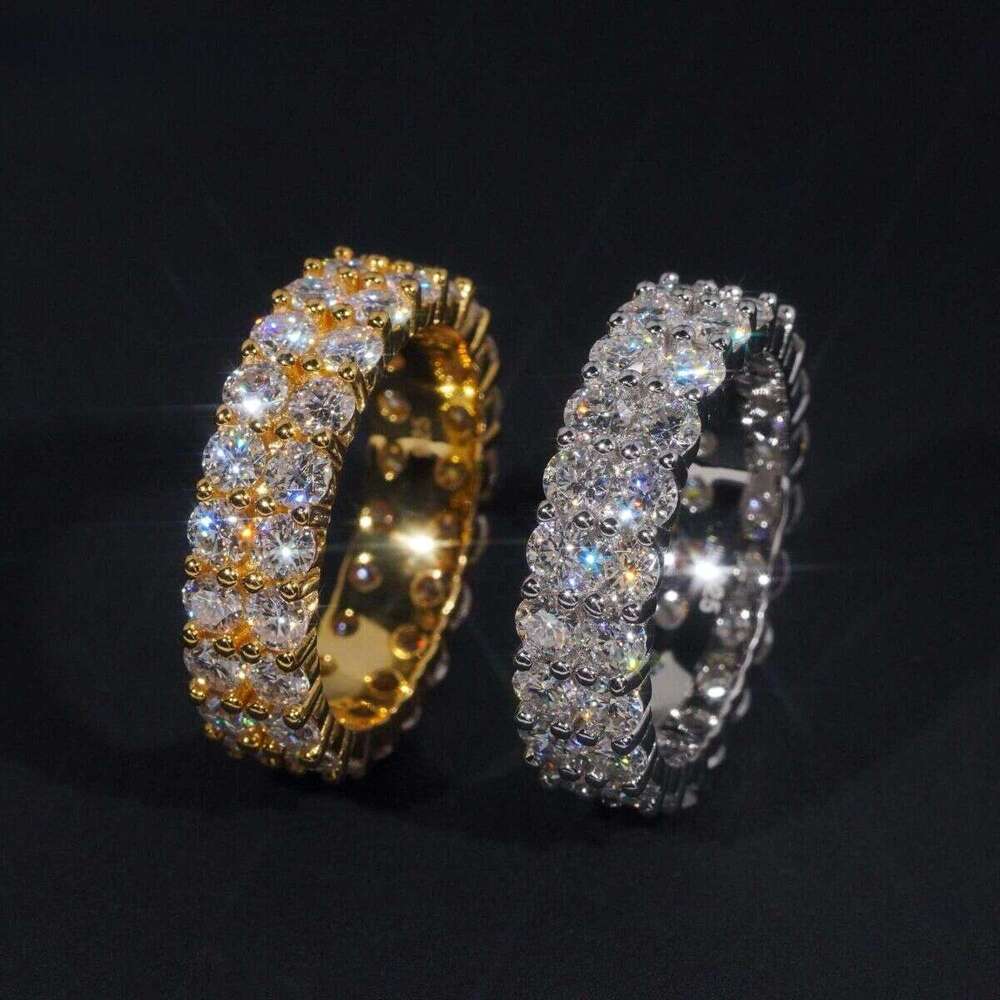 Fine Jewelry GRA Solid Sterg Sier Gold Plated Out Dia Moissanite Fully Iced Double Rows Wedding Band Ring