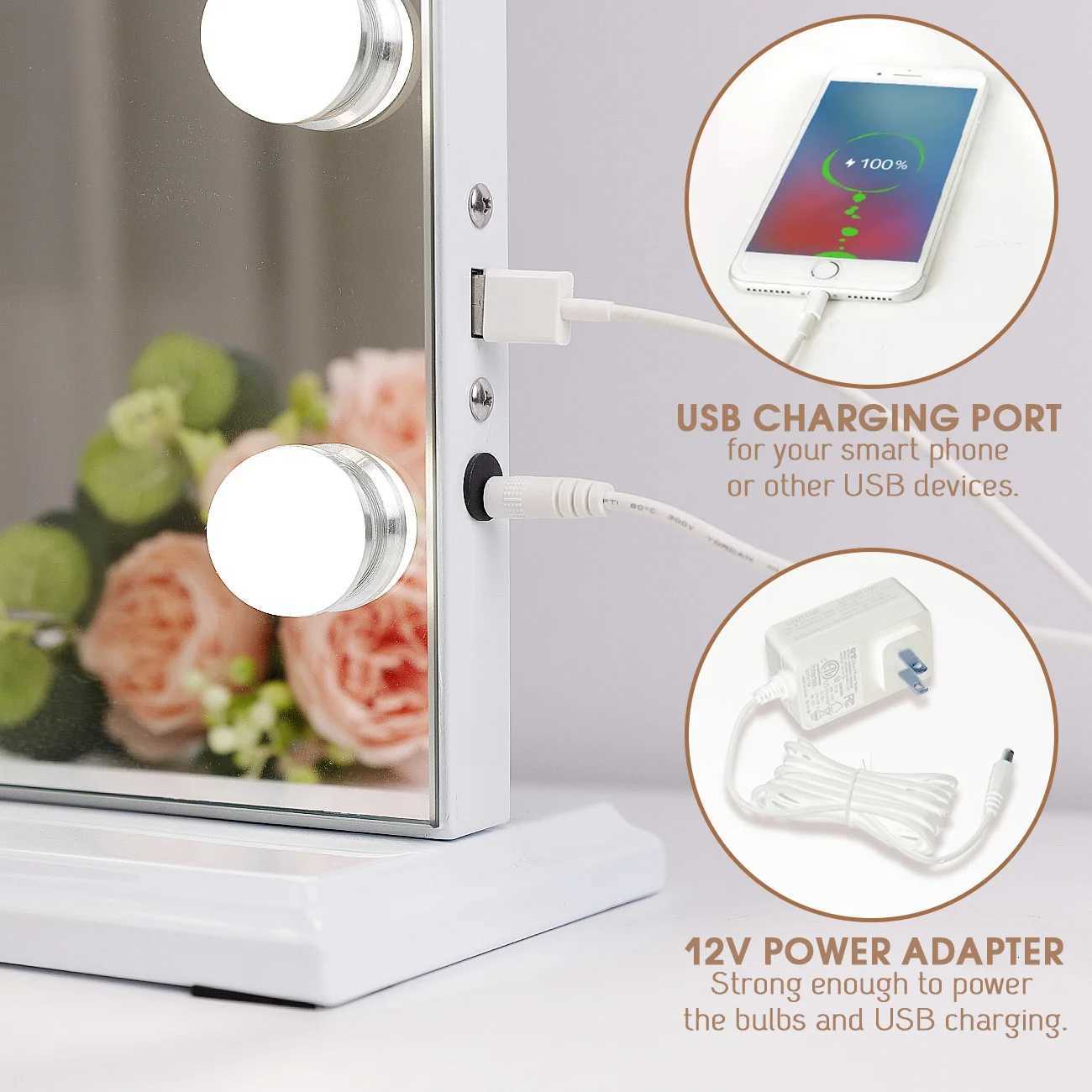 Large Hollywood Makeup Mirror 18 LED Bulbs Vanity Mirror with Protective Power Outlet USB Charging Port 3 Color Lighting Modes M251122