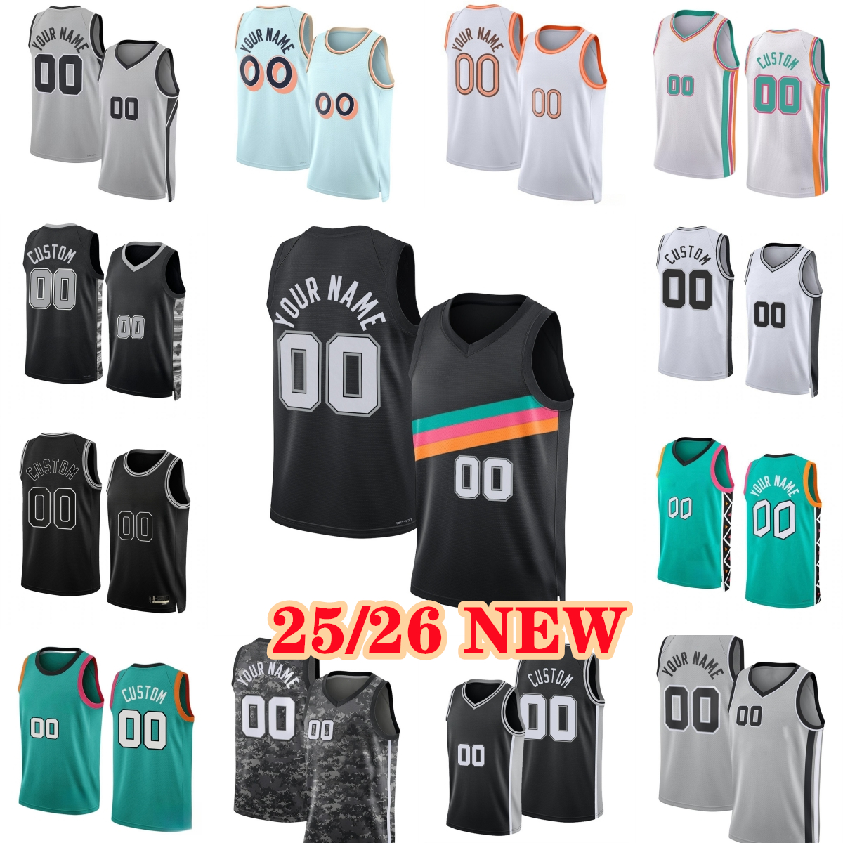 Printed 2025-26 Basketball Jerseys 4 De'Aaron Fox 24 Devin Vassell 1 Victor Wembanyama 40 Harrison Barnes 3 Keldon Johnson Olynyk Harper Kornet Castle Sochan Waters