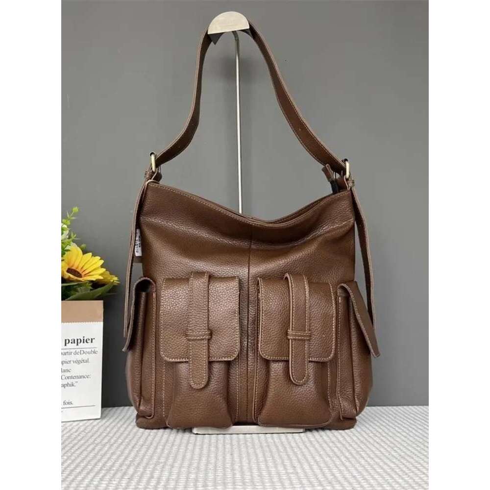 Punk Style Women Genuine Leather Multiple Pockets Motorcycle Solid Color Casual Single Shoulder Bag Female Crossbody Bags Bag