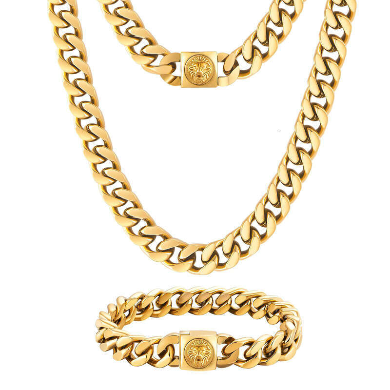 12mm Men's Filled Lion Necklace Boys Cross Buckle Bracelet Miami Cuban Chain