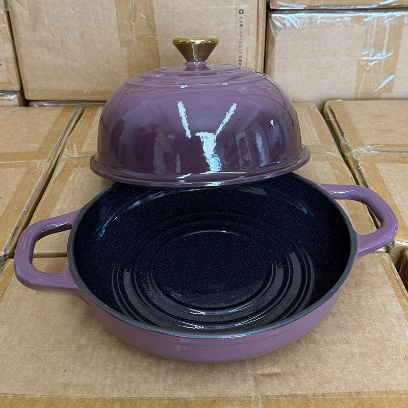 Cast iron enamel black bread pan for baking European style bread dual-purpose pan with double ears flat bottomed frying pan for baking bread diameter 