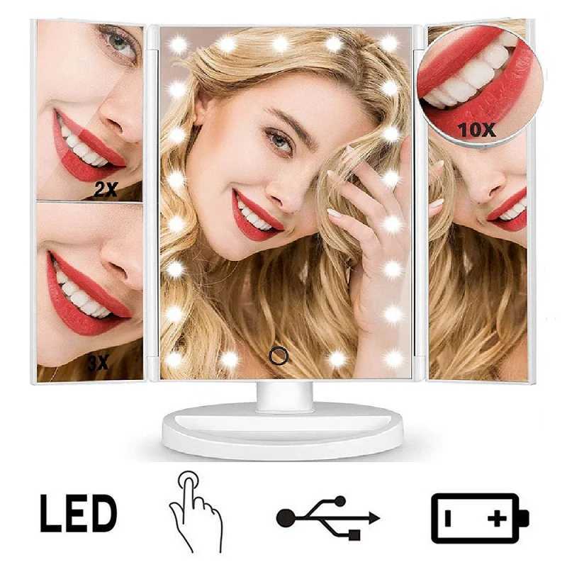 LED Light Makeup Mirror Foldable Touch Dimming Beauty Makeup Mirror 10 Times Magnification Round Mirror USB Square Desktop M251122
