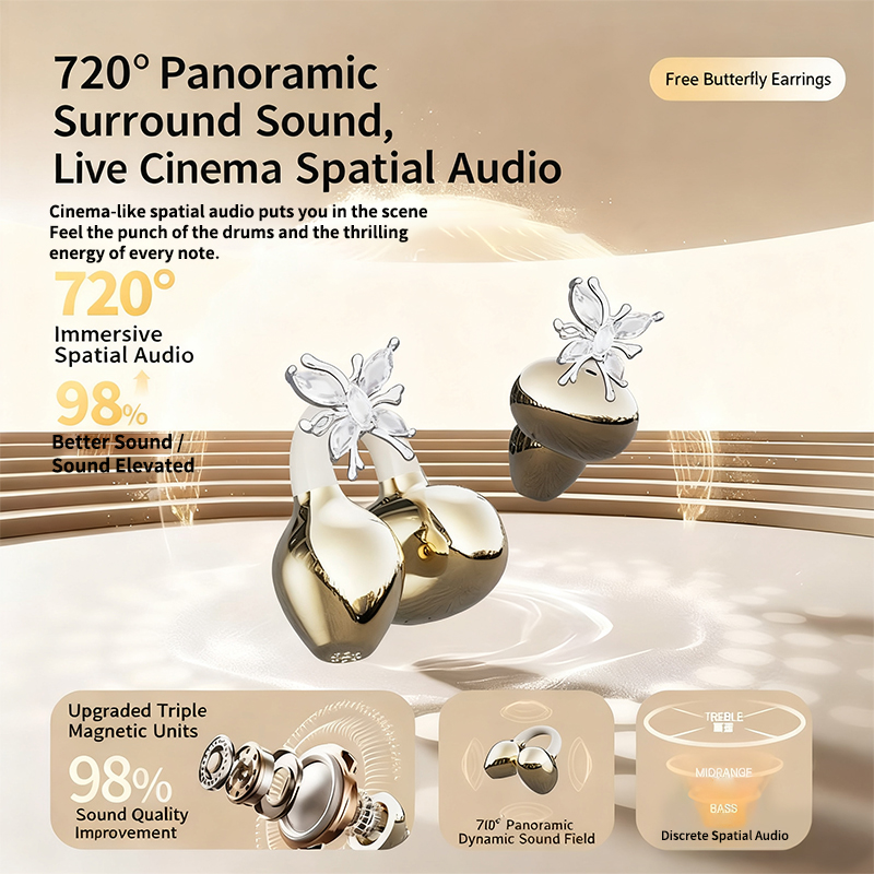 HiFi Stero Earphone Wireless Earbuds Clip Design with Ladies Diamond Buckle Earhook In-Ear Bluetooth TWS ENC