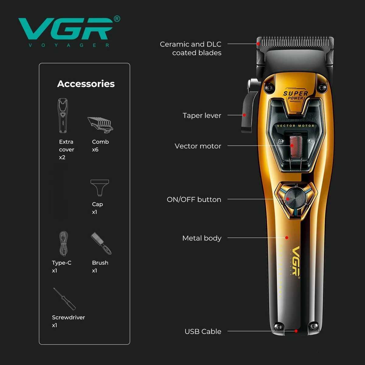 VGR Hair Clipper Professional Hair Cutting Machine Barber Vector Motor Cordless Trimmer 11000 RPM Metal Clipper for Men V-668 W251122