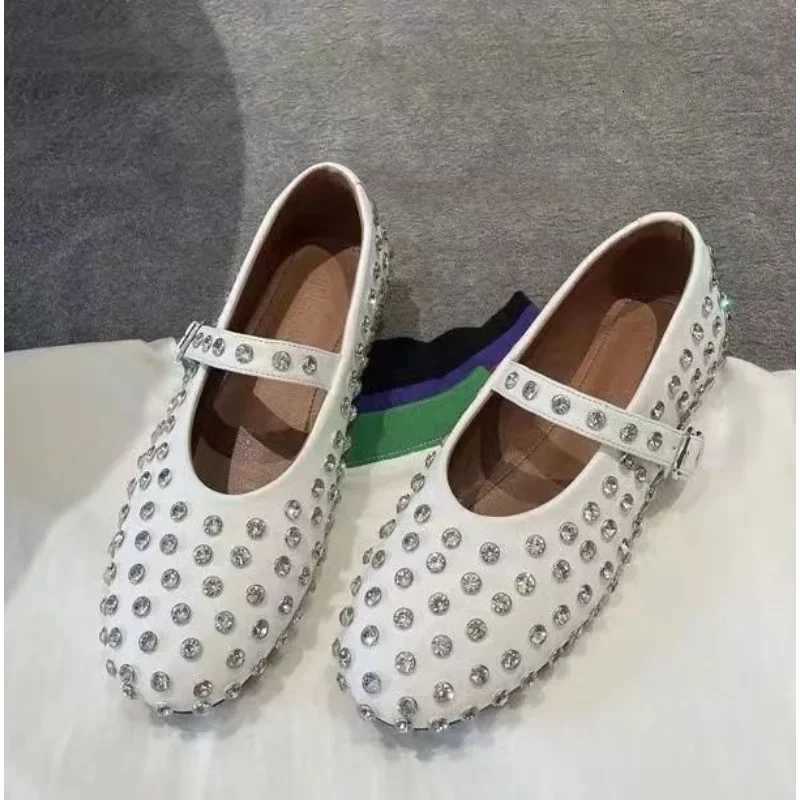 Luxury Crystal Rhinestone Fishnet Ballet Flats Woman Brand Design Rivet Studs Mesh Mary Jane Shoes Ladies Summer Cut Out Loafers X251122