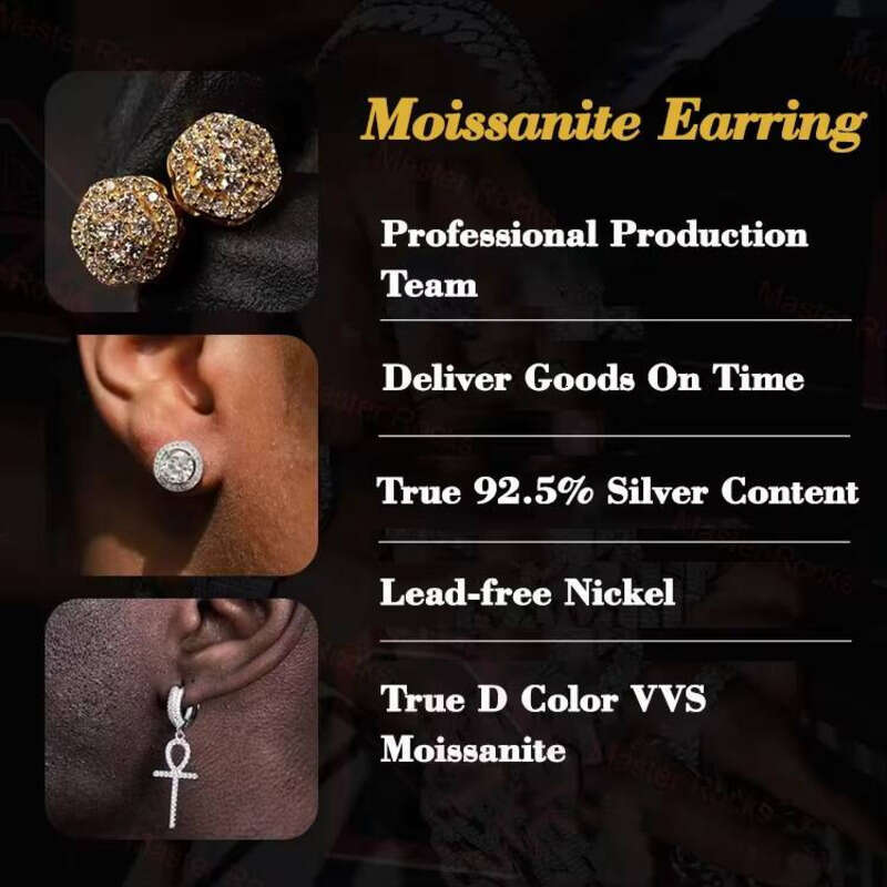 Classic Mossanite Sier Screw Back Vvs Iced Out Moissanite Earrings