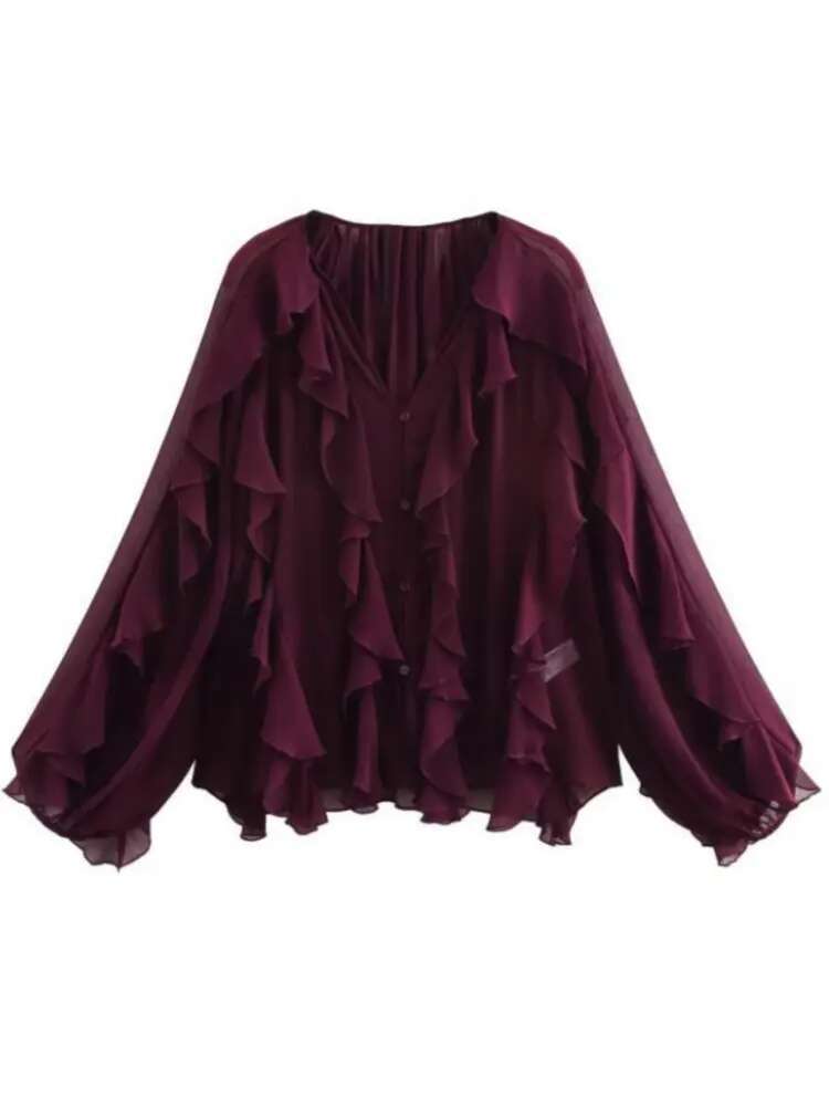 hoodie Summer Chic Women's Elegant Loose Long Sleeve Layered Shirts Office Lady Vintage V-Neck Translucent Tierred Ruffles Blouses jacket