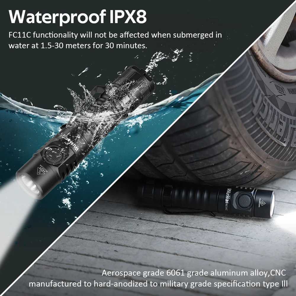 Wurkkos FC11C 519A USB-C Rechargeable EDC 18650 Flashlight Max Output 1200 LM IP68 Waterproof Magnetic Tail Hiking Travel Torch C251122