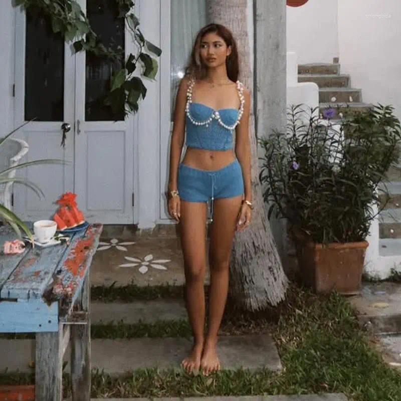 Women's Tracksuits Sexy Beading Crochet Vest Shorts Sets Women 2 Pcs Set Slim Hollow Tank Top Drawstring Pant Lady Beach Outfits Fashion Y2K