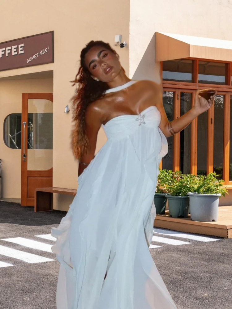 Casual Dresses women French Style Simple Beach Vacation New Strapless Dress Lace Backless Irregular Pleated Sleevele