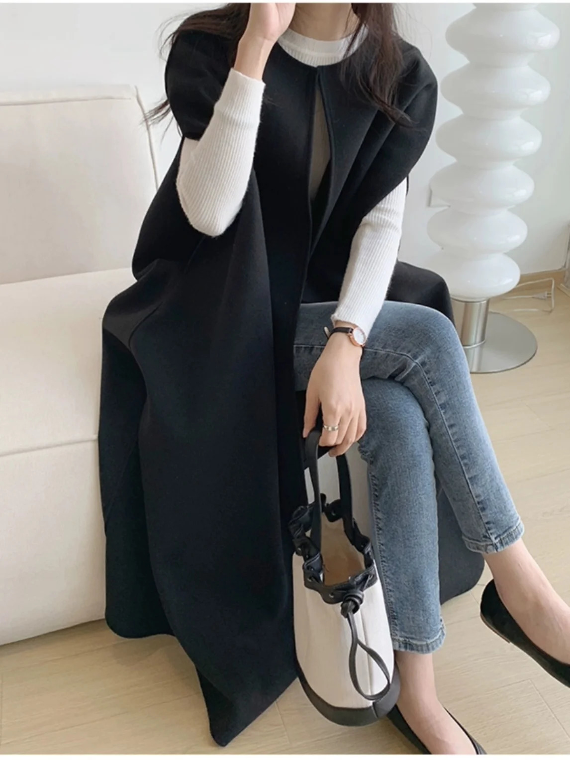 Loose Woolen Vest Coat Long n Sense Oversize f High Collar Zipper Pure Color Japanese Sle Womens Faion Autumn Wi 251112