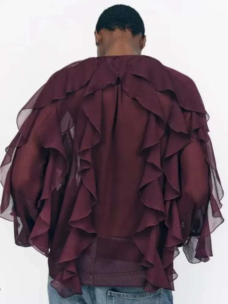 hoodie Summer Chic Women's Elegant Loose Long Sleeve Layered Shirts Office Lady Vintage V-Neck Translucent Tierred Ruffles Blouses jacket