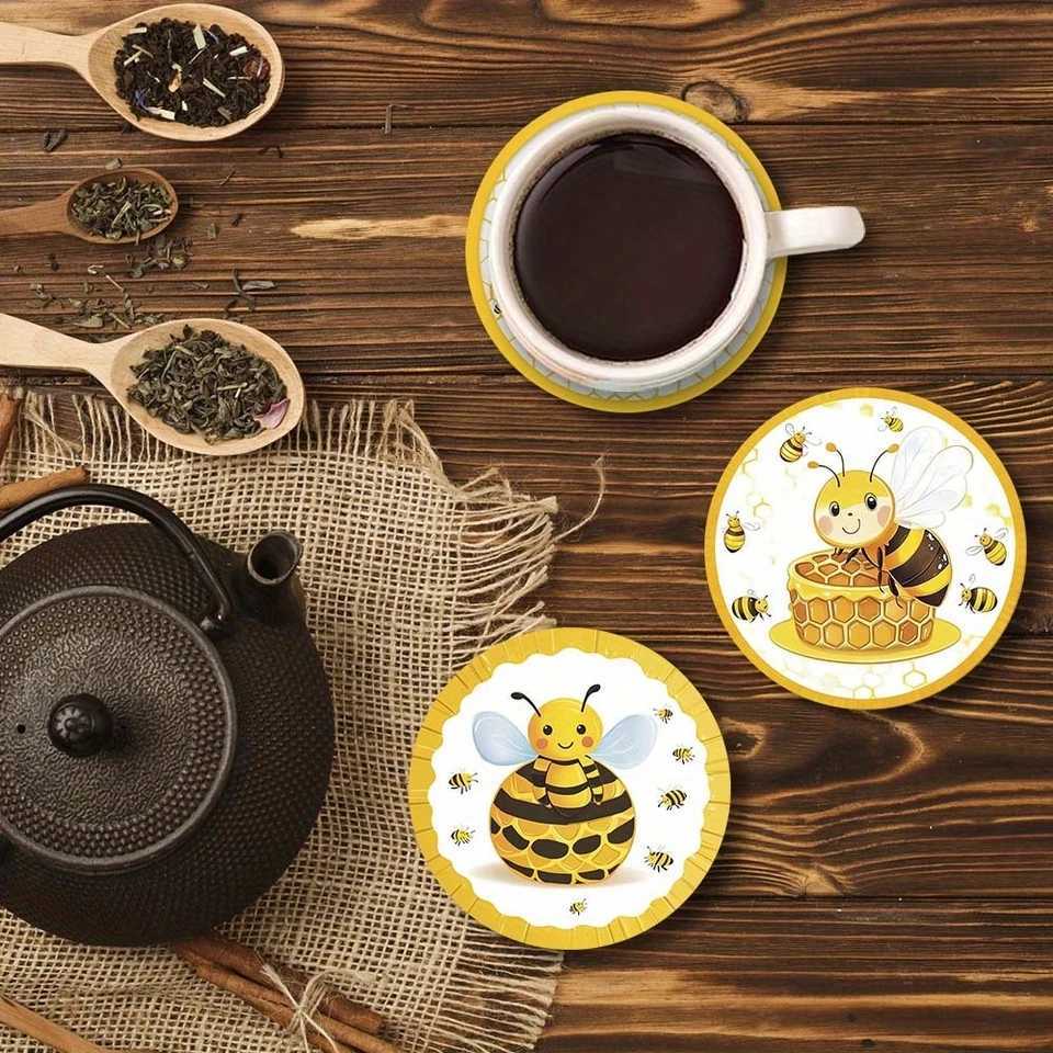 2D Non-Slip Round Wooden Coasters Bee Themed Pattern Art Coasters Heat Resistant Home Decor Gift Multifunctional Decoration C251122