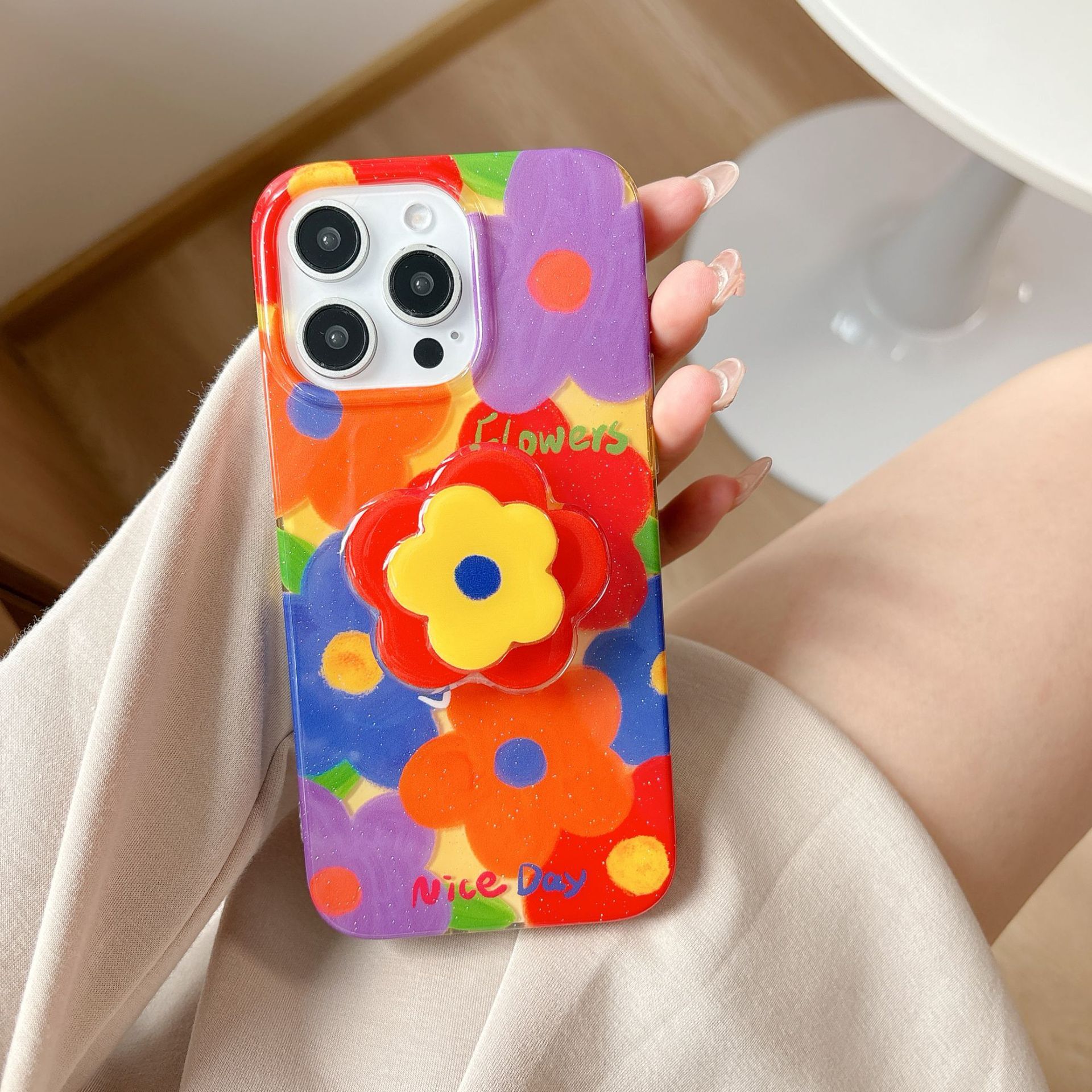 Oil Painting Colorful Flowers Phone Case Compatible iPhone 16/15 Pro Max Stand Full Coverage Protective Case for Women