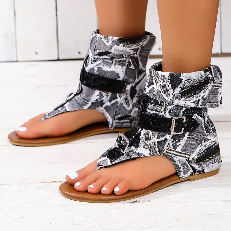 Womens sandals summer clip toe Roman denim fabric buckle high top herringbone flat shoes womens dresses casual 250421BJ - view 6