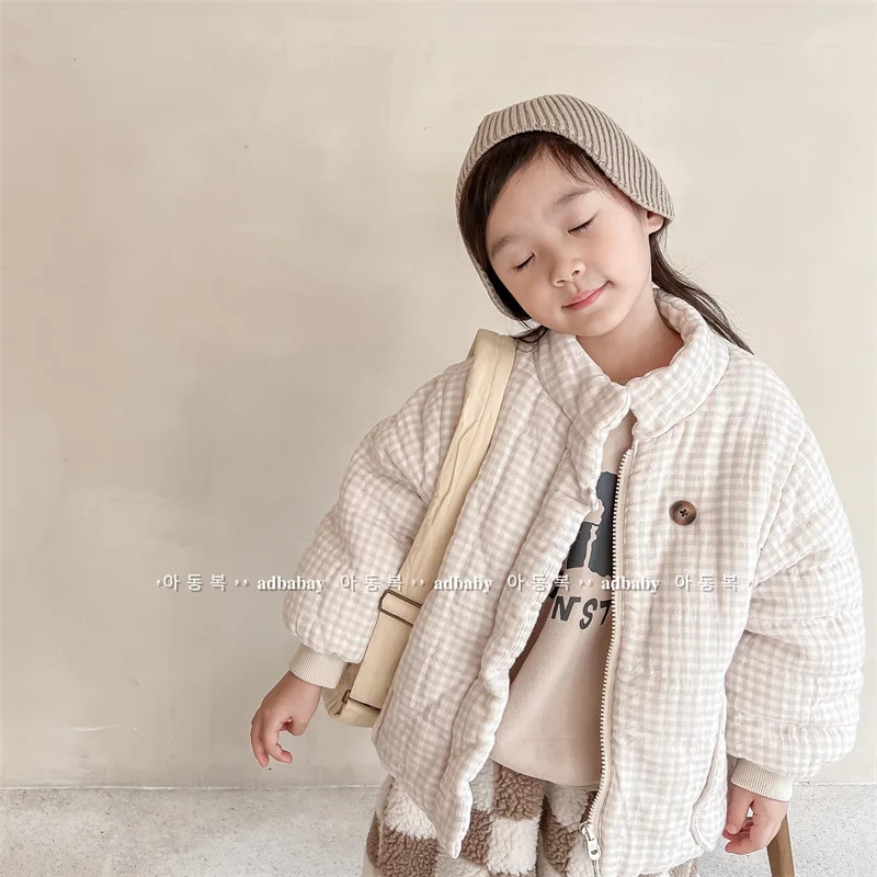 deer jonmi 2025 Winter Toddlers Kids Plaid Thicken Coats Korean Style Fleece Lining Children Warm Outerwear 2501105
