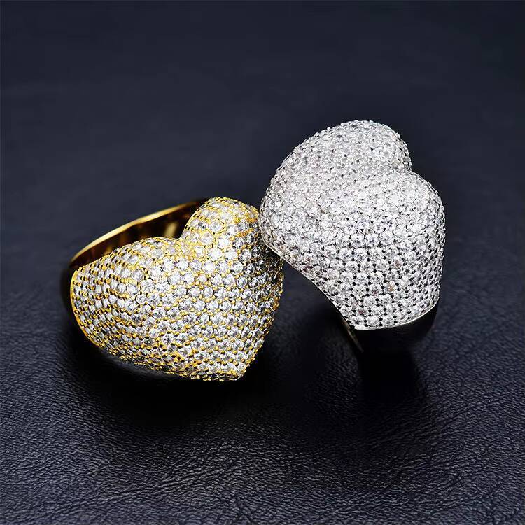 Luxury Bling Women Ring Jewelry 18k Gold Plated Iced Out Fully Cz Diamond Bubble Heart Finger Ring