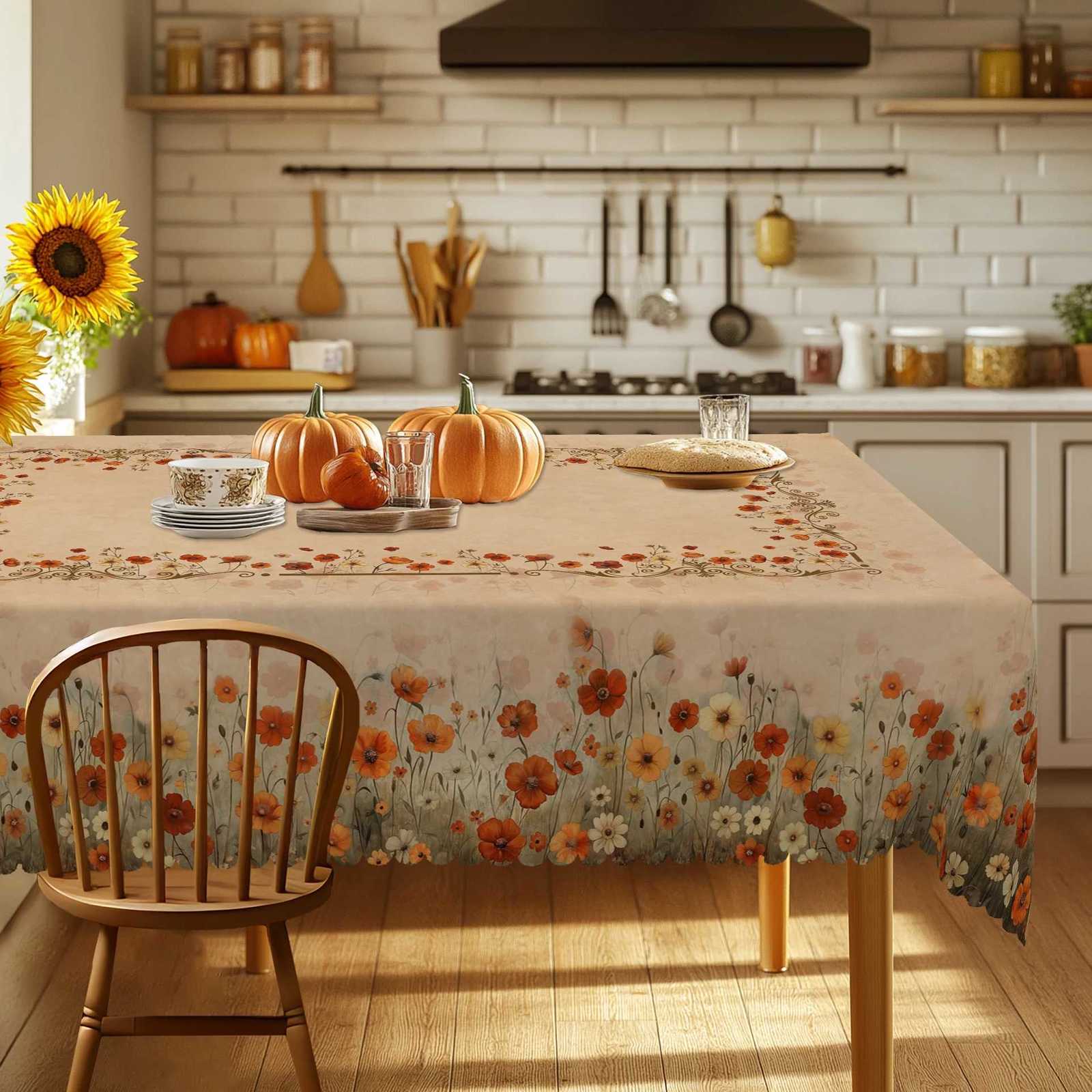 1 Piece of Autumn Themed Flower Pattern Tablecloth with 4 Tablecloths Rectangular and Round Tablecloths for Autumn Themed Edge Embossing Process C2511