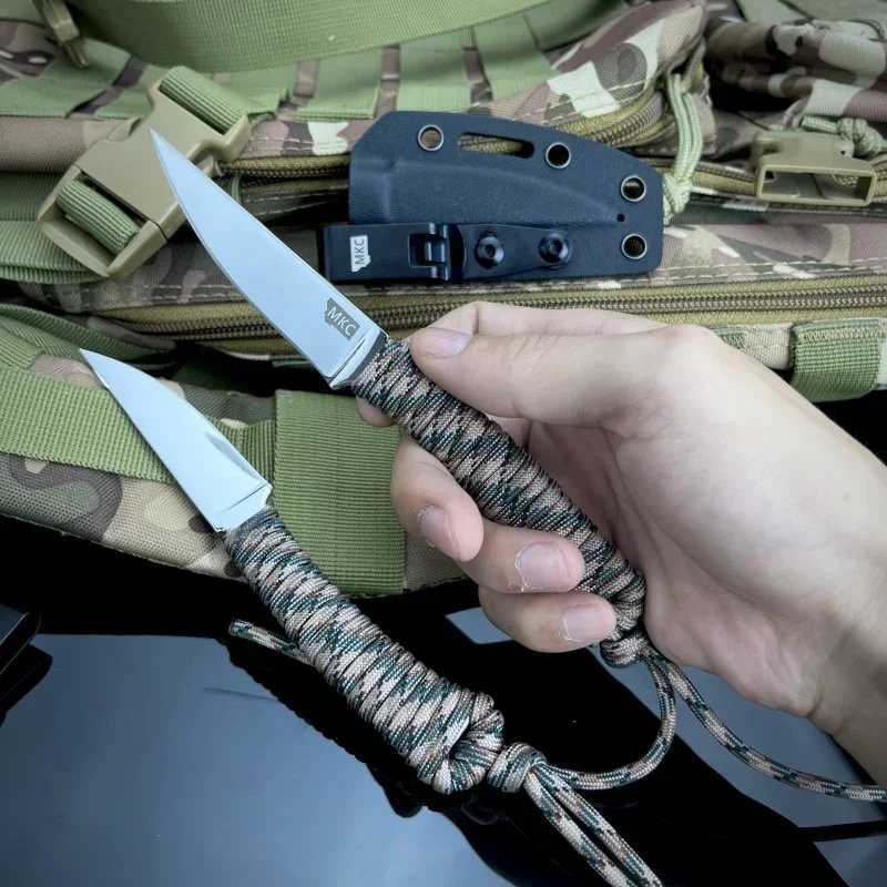 MKC outdoor straight knife nylon rope handle pocket scabbard suitable for climbing hunting fishing and mens giftsXJ250421