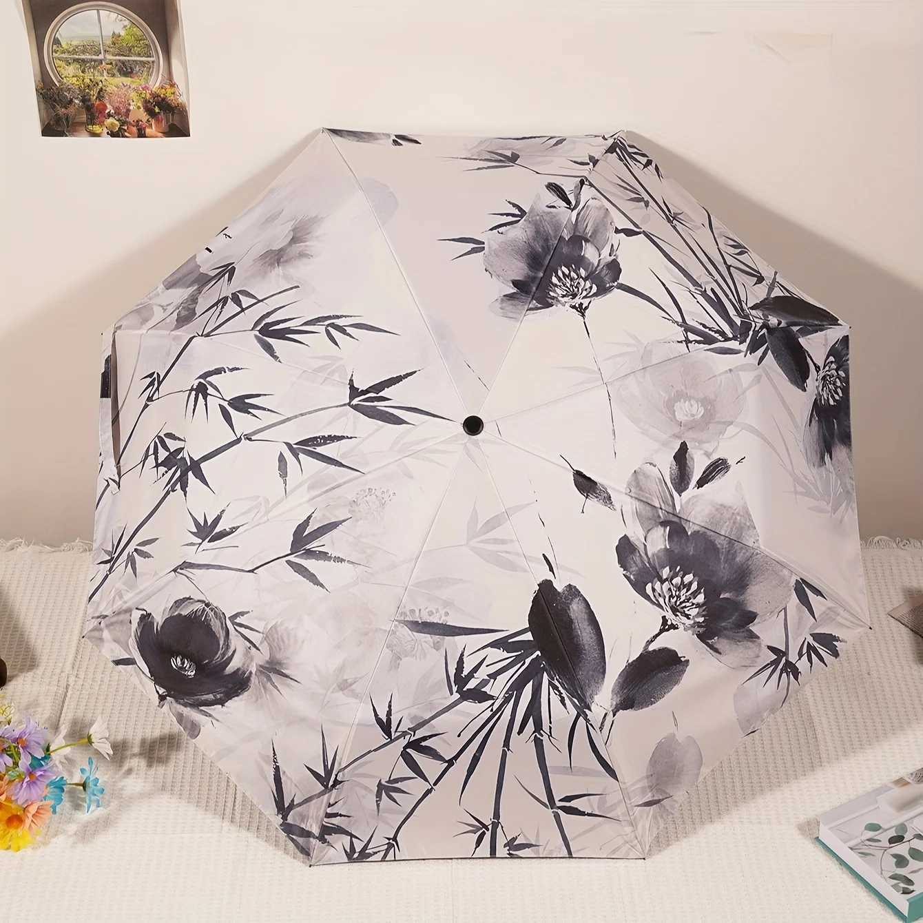 Automatic Umbrella Chinese style Ink Painting Bamboo Pattern Folding Umbrella Rain proof Sun Protection UV Protection Travel UM251122
