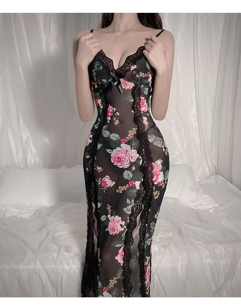 DHessentials Women's new design sexy gerie Sheer deep v lace sleepwear side seam underskirt long stay home gown nightgown