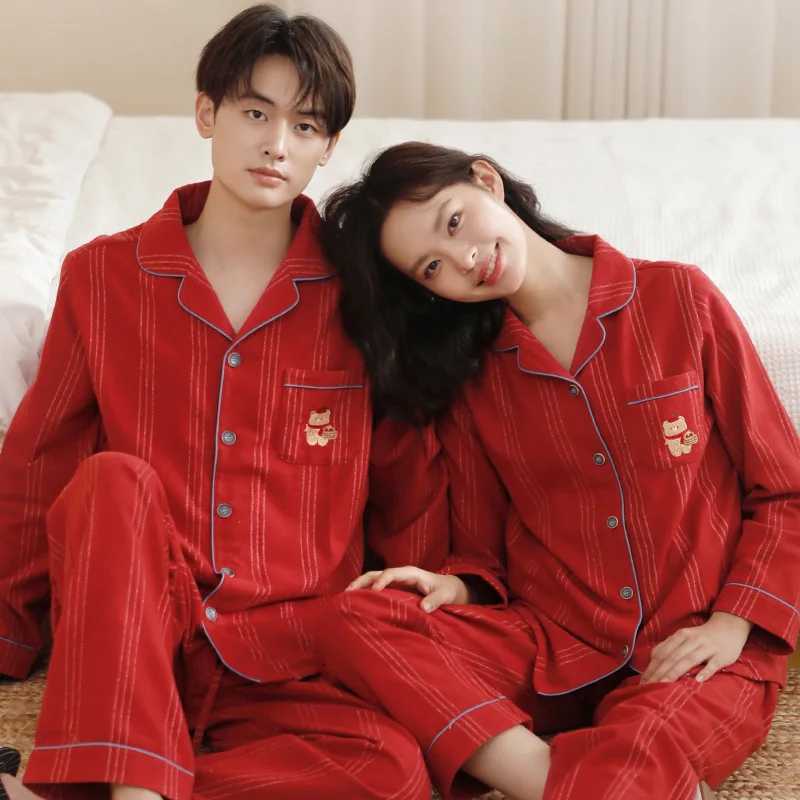 Autumn and winter couple pajamas red pure cotton brushed cartoon embroidery can be worn as casual cotton home clothesW251122 - view 5