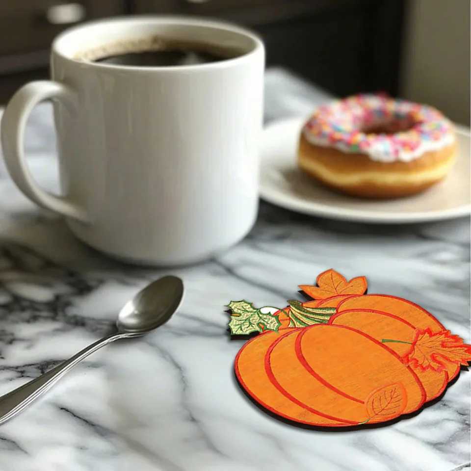 4/6pcs 2D 4in Pumpkin Shaped Wooden Coasters Colorful Print Anti-Slip Coffee Mats Kitchen Dining Room Decorative Accessories C251122