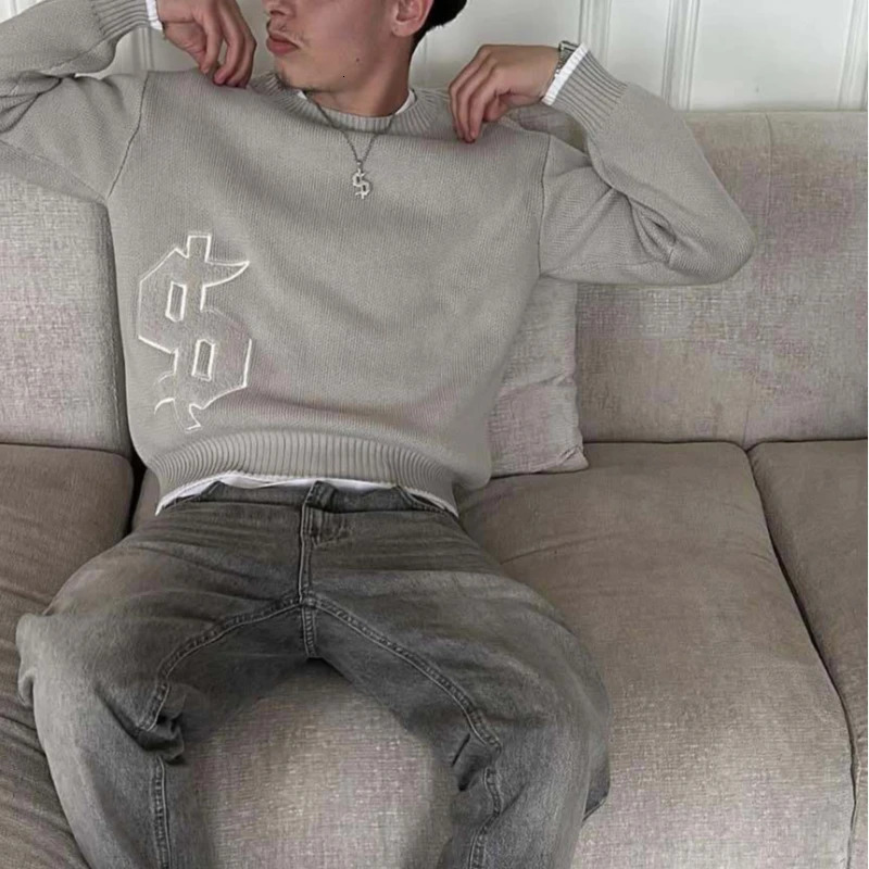 Men Gray Money Sign Sweater Y2k American Dollar Knit Pullover Vintage Classic Streetwear Warm Winter Crewneck Top Casual Fashion 251120
