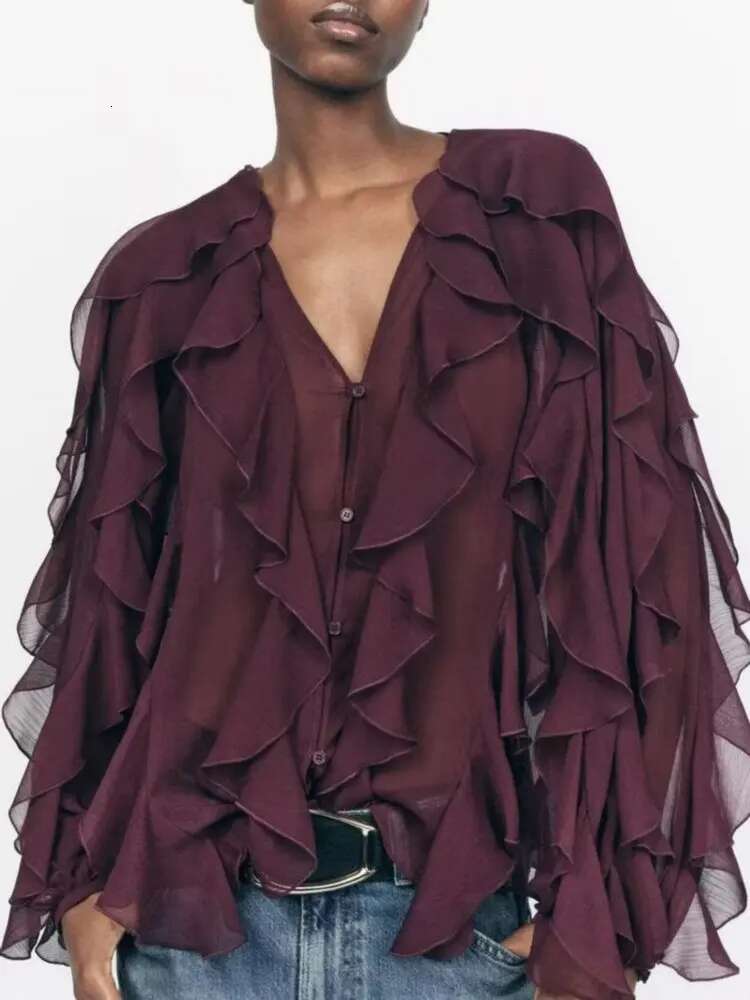 hoodie Summer Chic Women's Elegant Loose Long Sleeve Layered Shirts Office Lady Vintage V-Neck Translucent Tierred Ruffles Blouses jacket