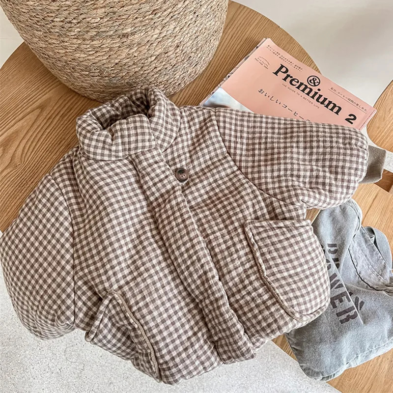 deer jonmi 2025 Winter Toddlers Kids Plaid Thicken Coats Korean Style Fleece Lining Children Warm Outerwear 2501105