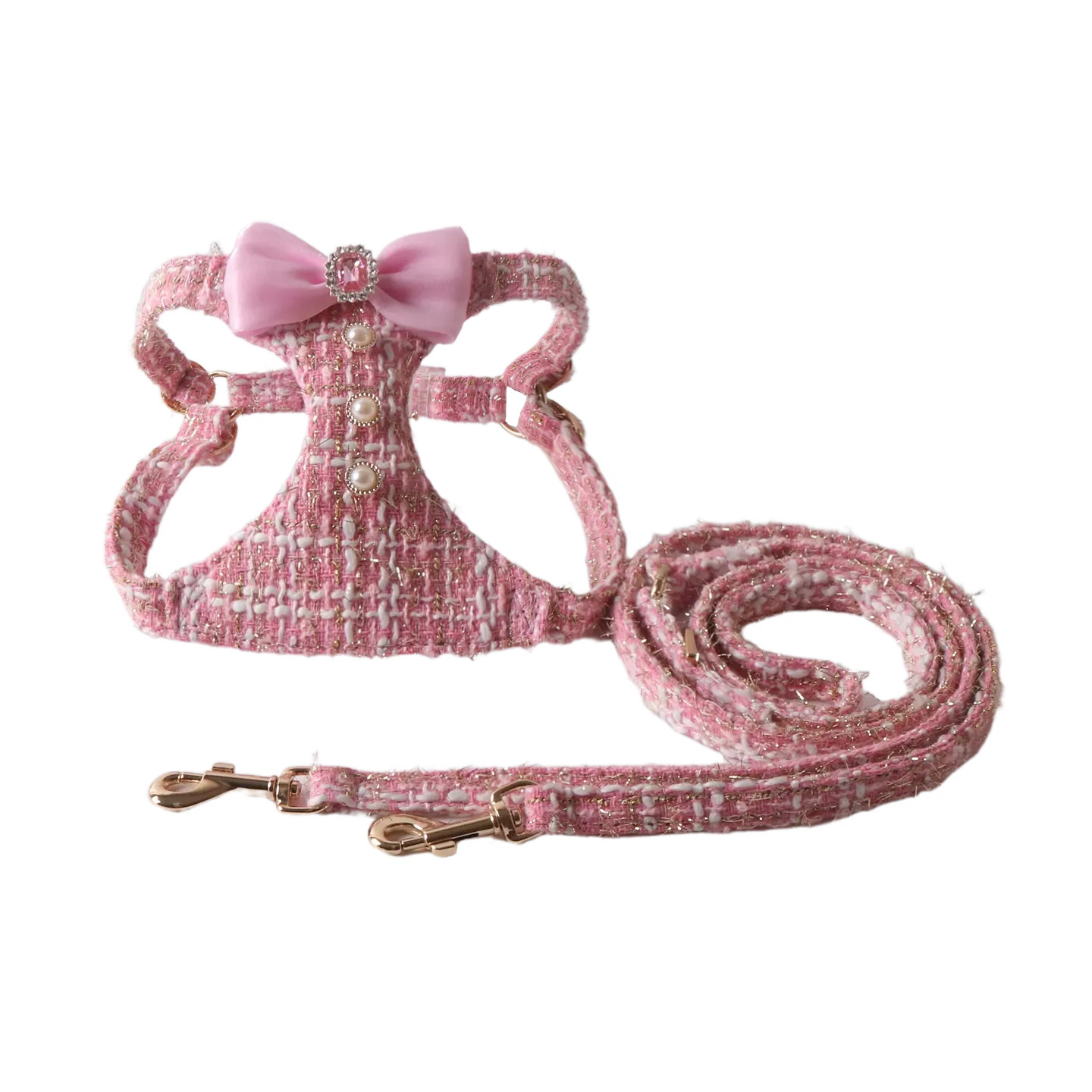 Luxury Tweed Bowknot Dog Harness and Leash Set, Pearl Button Dress Vest for Small Dogs Cats Pink Black Blue - view 7