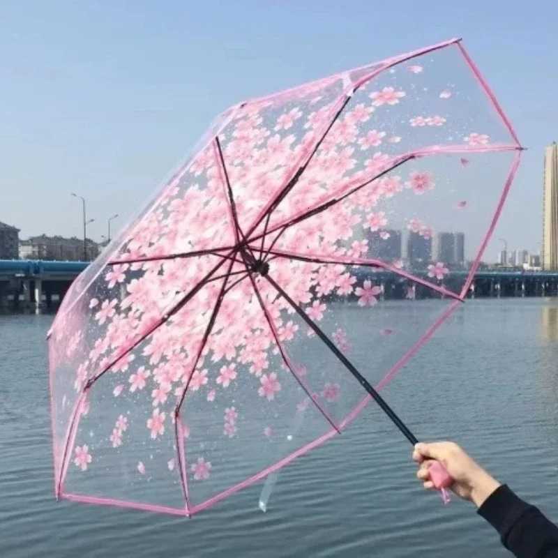 Female Folding Flower Gradient PVC Triple Fold Transparent Umbrella Fairy Tale Style Cartoon Cute Large Manual Folding UmbrellaM251122